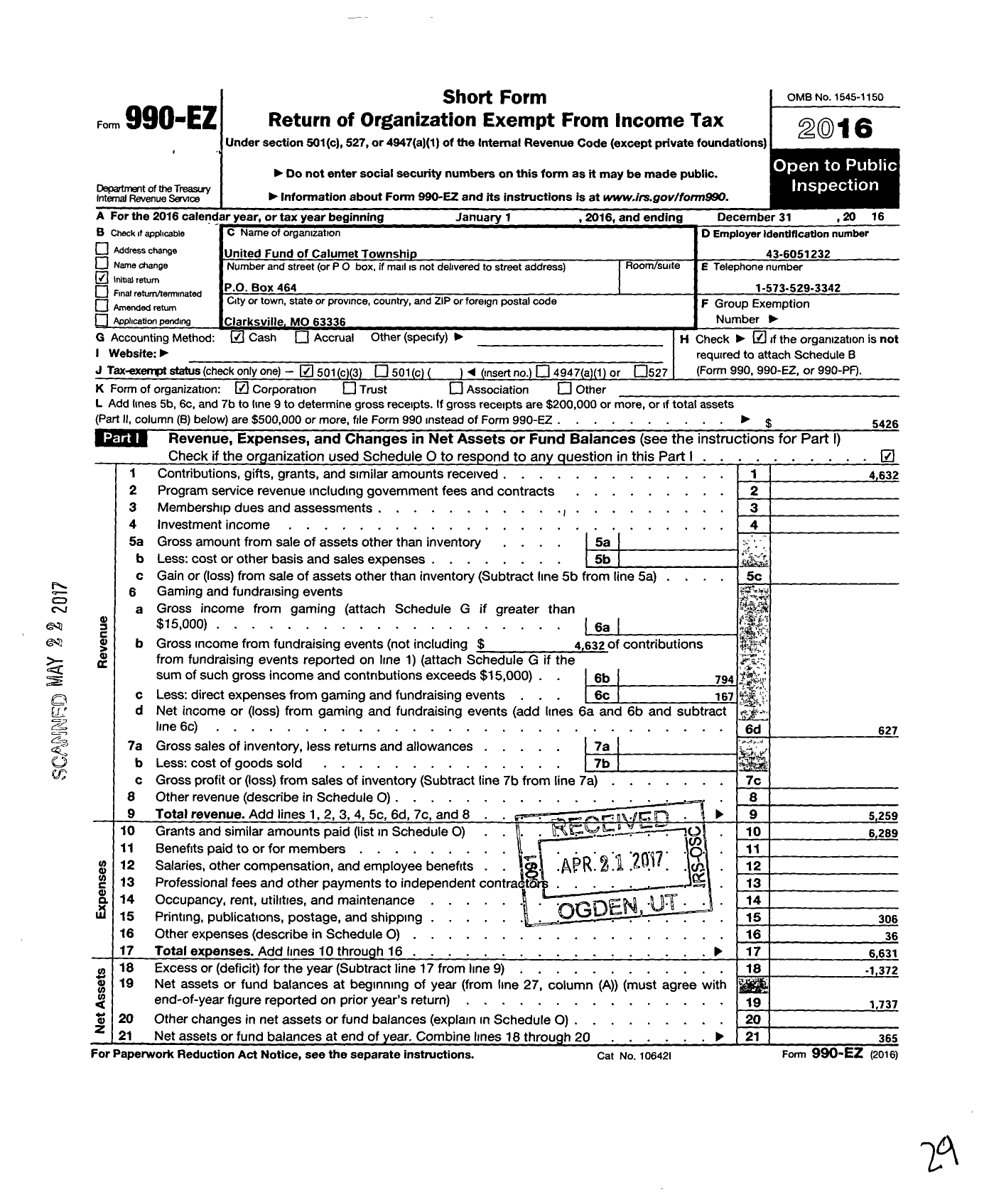 Image of first page of 2016 Form 990EZ for United Fund of Calumet Township