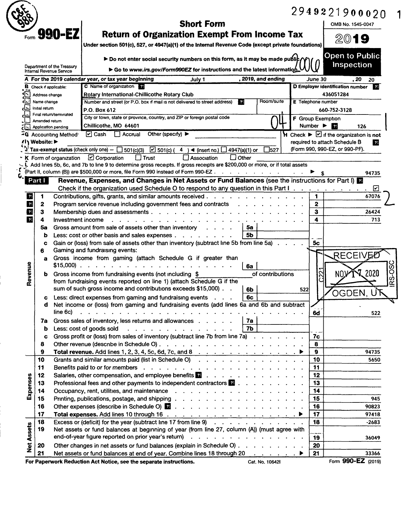 Image of first page of 2019 Form 990EO for Rotary International - Chillicothe Rotary Club