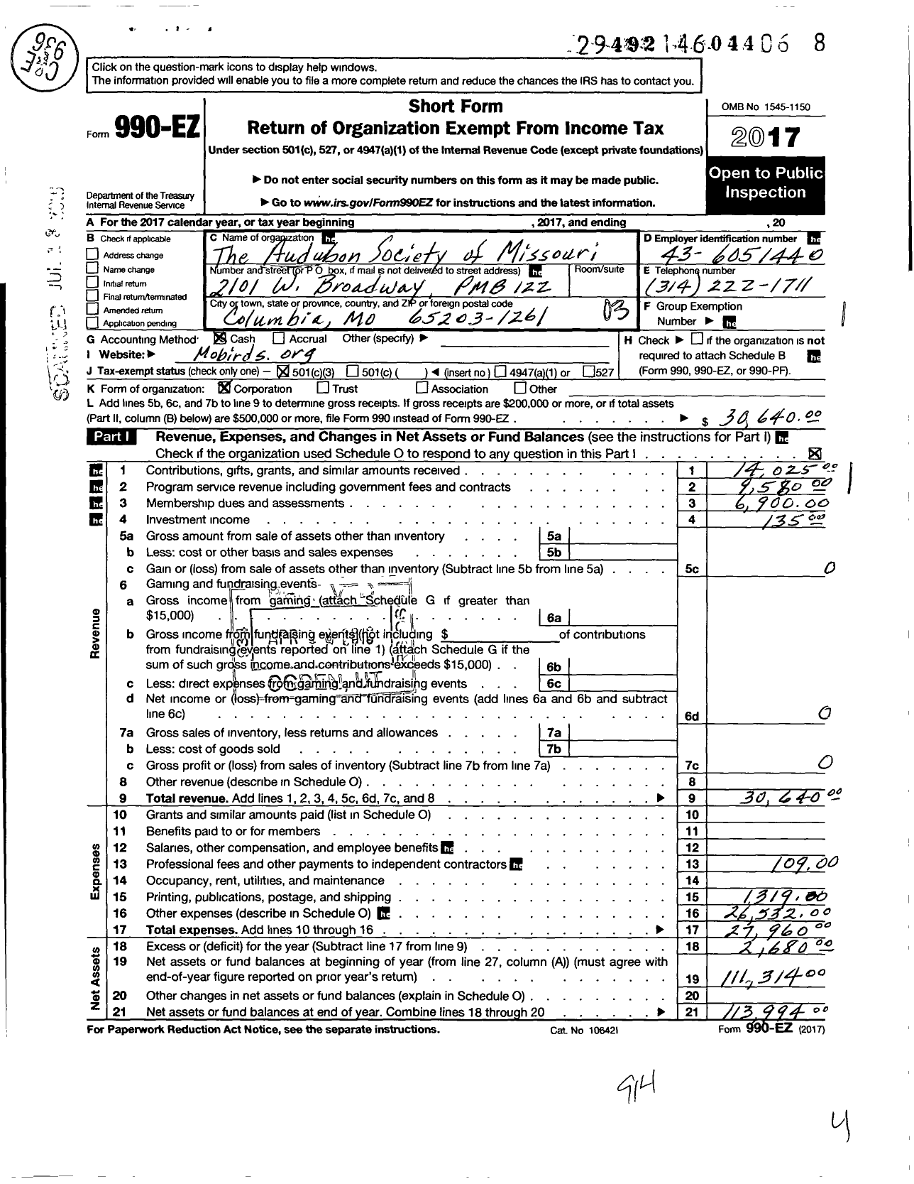 Image of first page of 2017 Form 990EZ for Missouri Birding Society