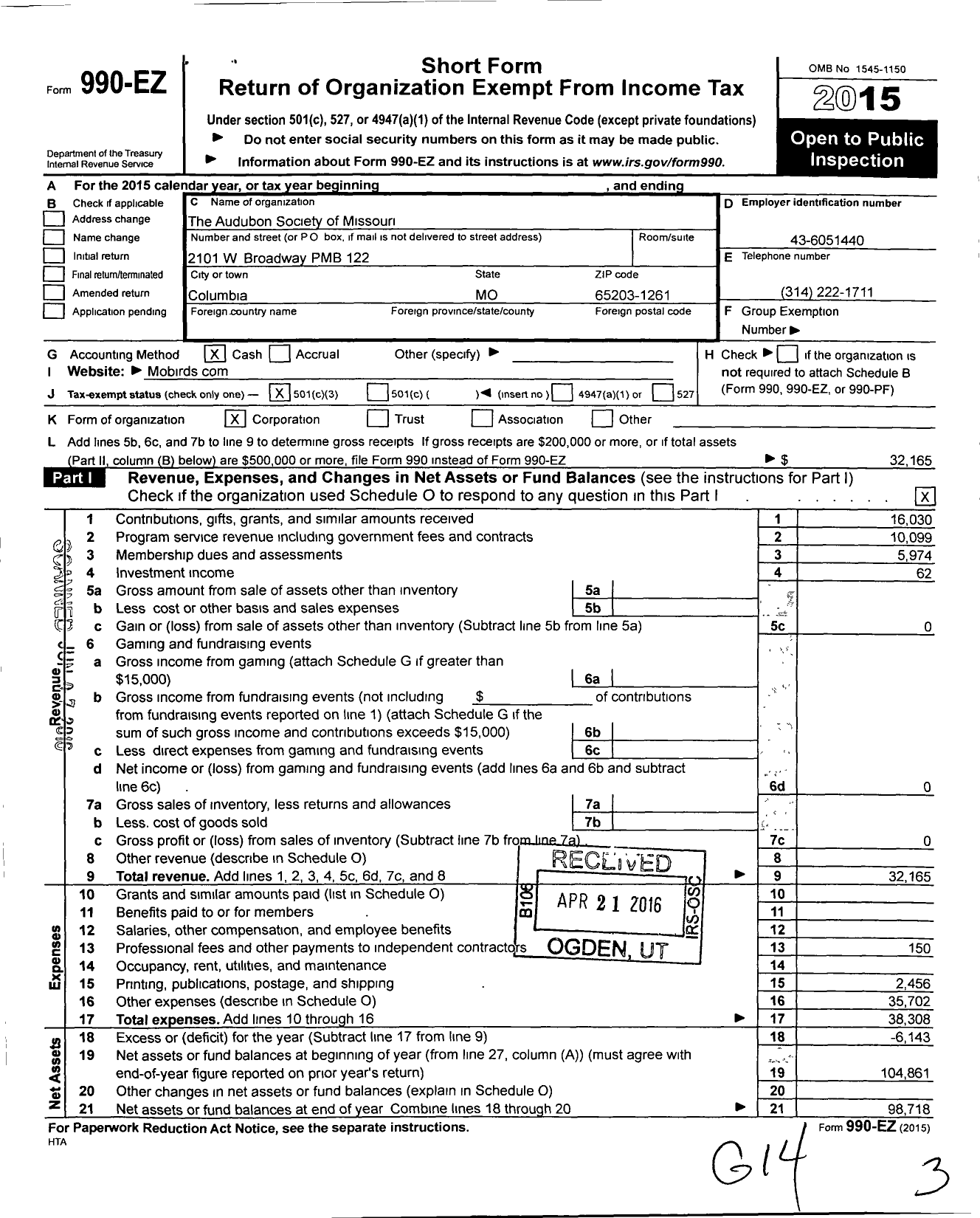 Image of first page of 2015 Form 990EZ for Missouri Birding Society