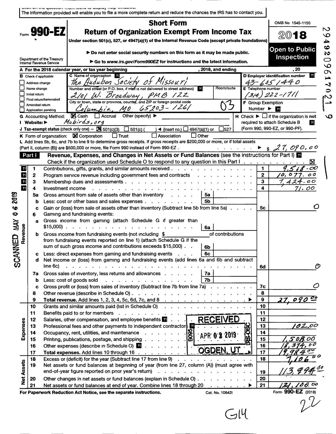 Image of first page of 2018 Form 990EZ for Missouri Birding Society