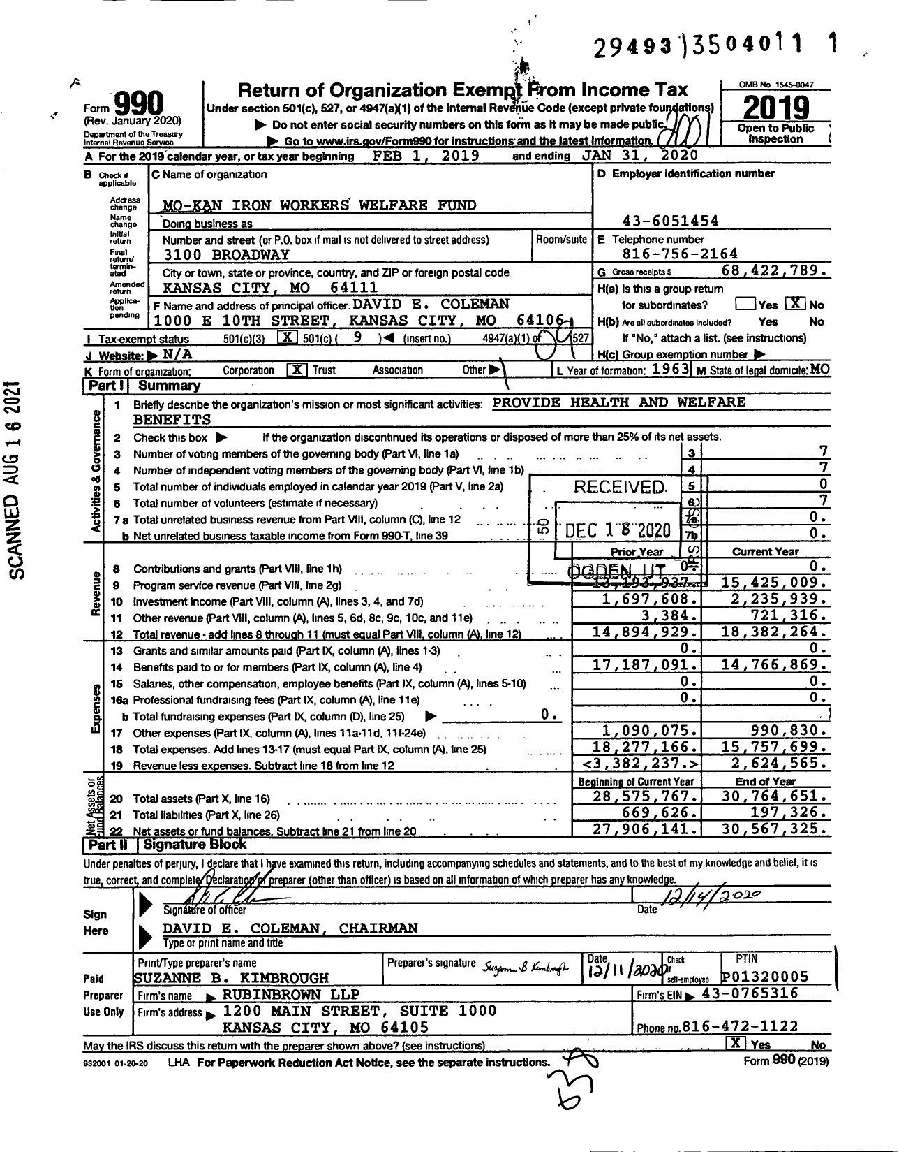 Image of first page of 2019 Form 990O for Mo-Kan Iron Workers Welfare Fund