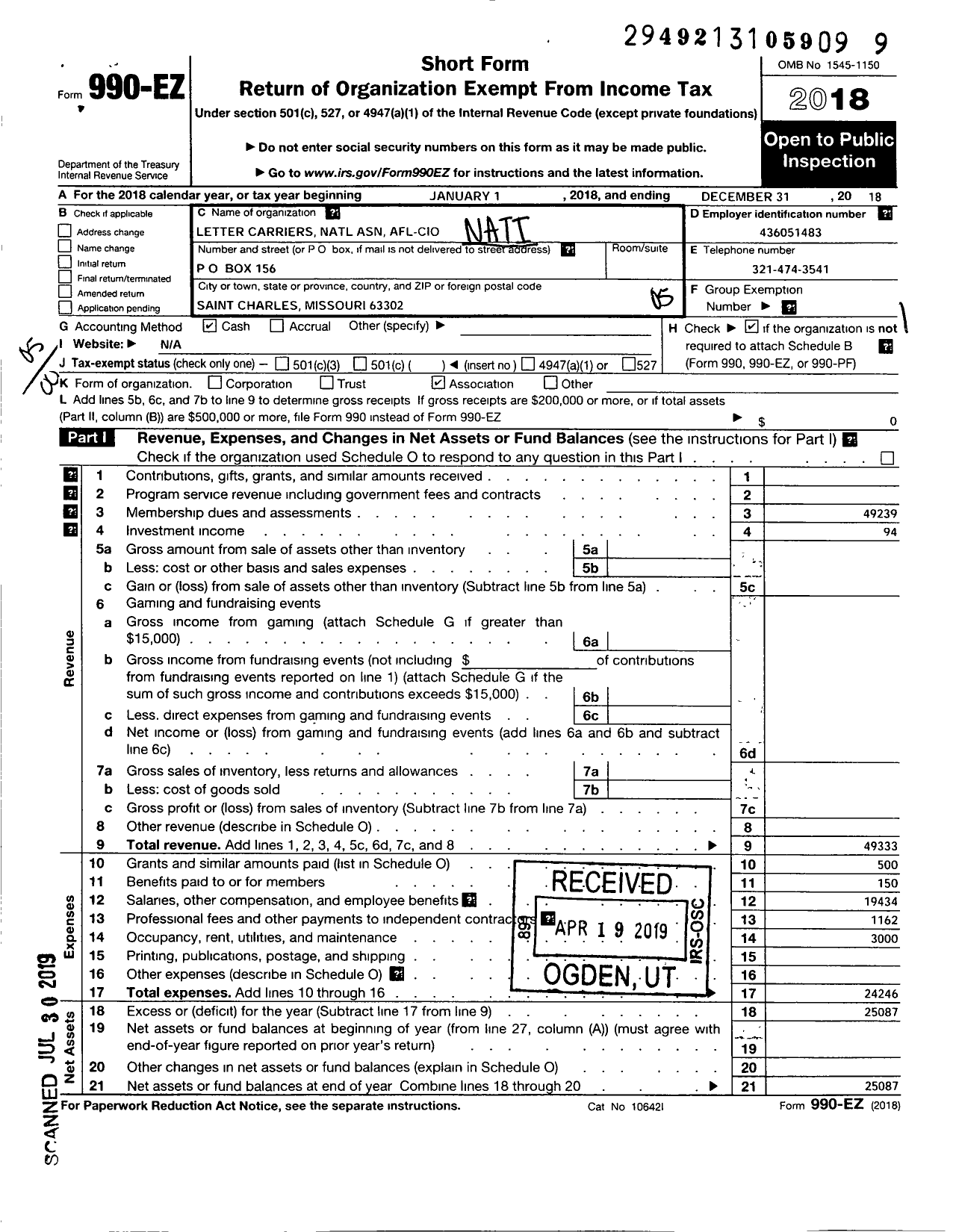 Image of first page of 2018 Form 990EO for National Association of Letter Carriers - 984 St Charles Missouri