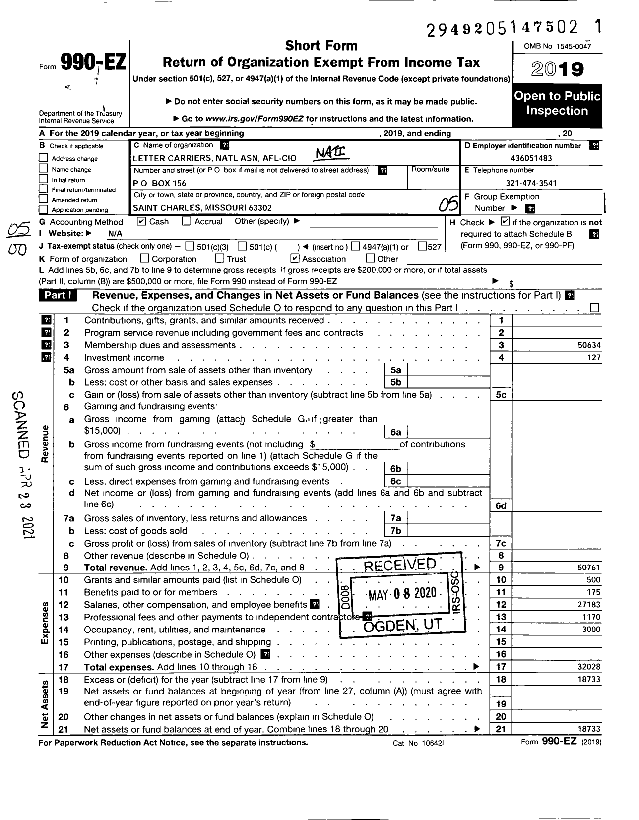 Image of first page of 2019 Form 990EO for National Association of Letter Carriers - 984 St Charles Missouri