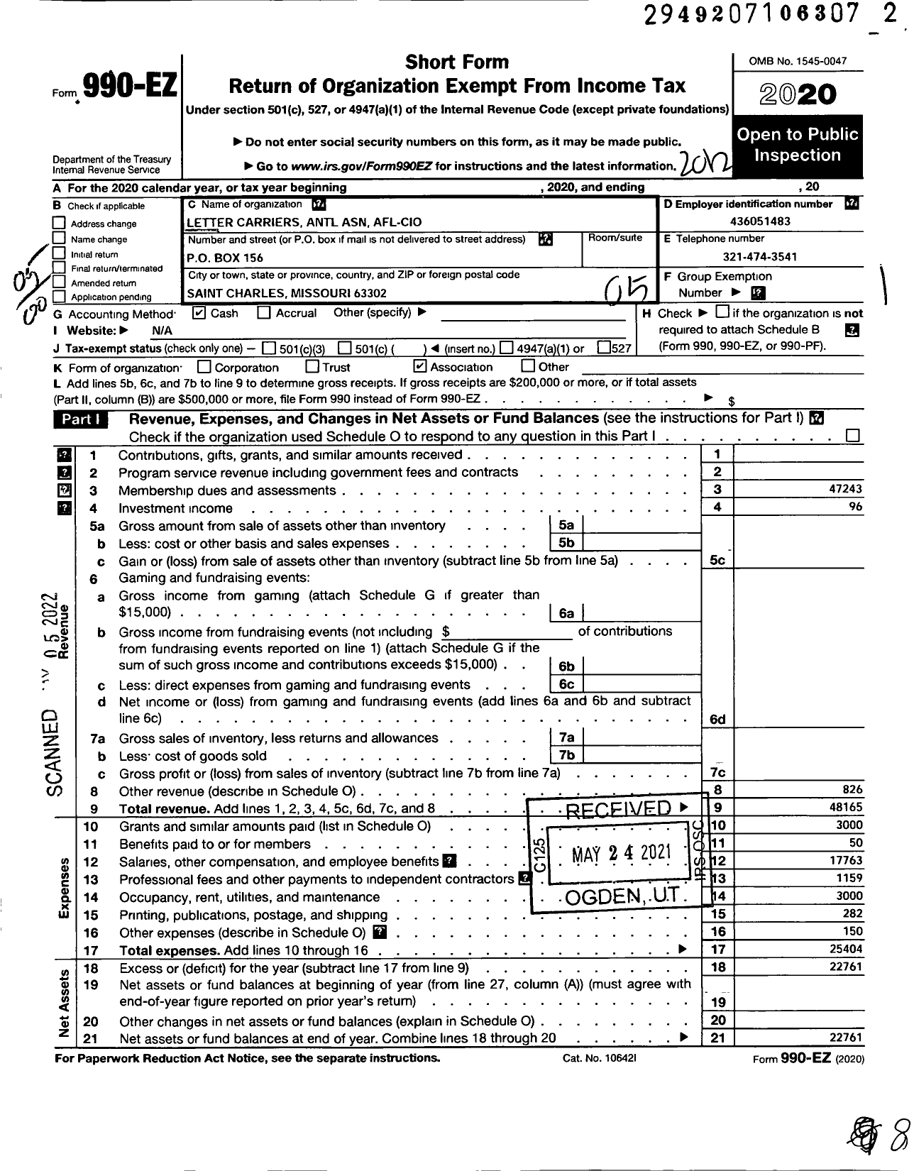 Image of first page of 2020 Form 990EO for National Association of Letter Carriers - 984 St Charles Missouri