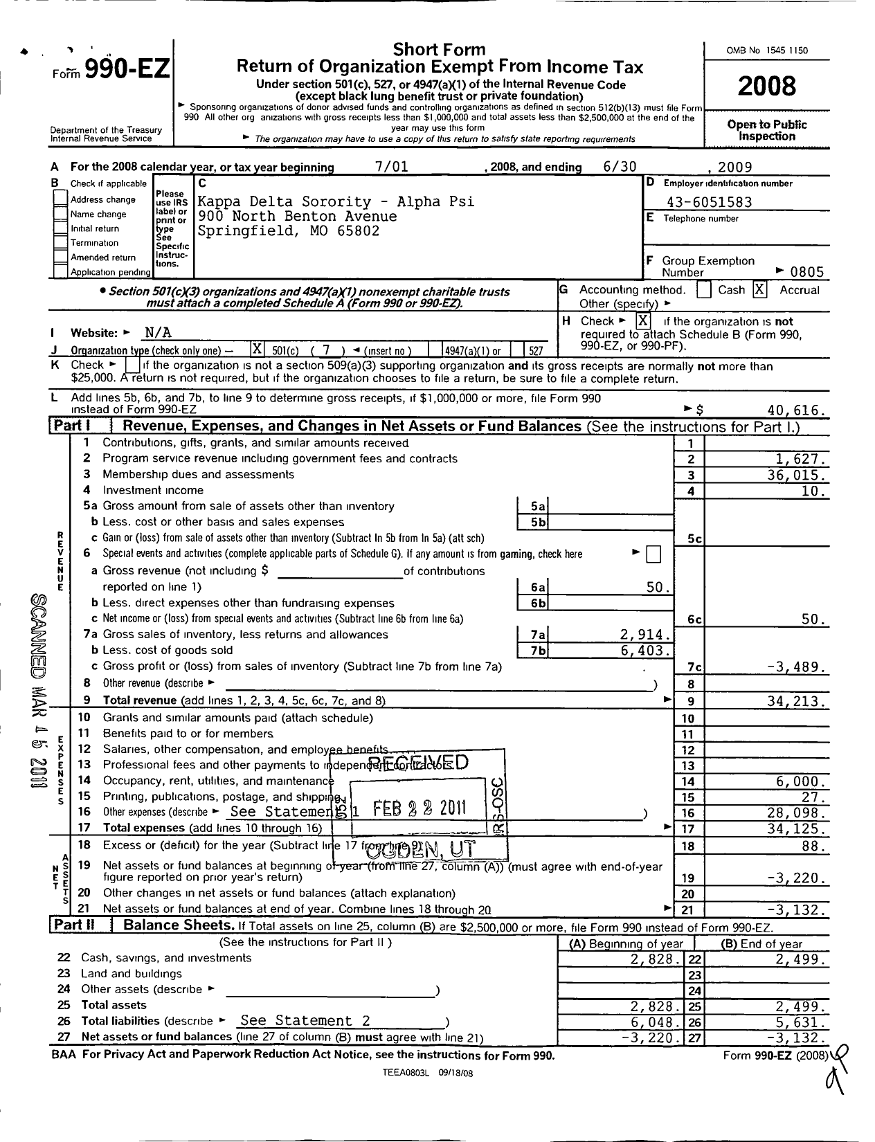 Image of first page of 2008 Form 990EO for Kappa Delta Sorority - Alpha Psi