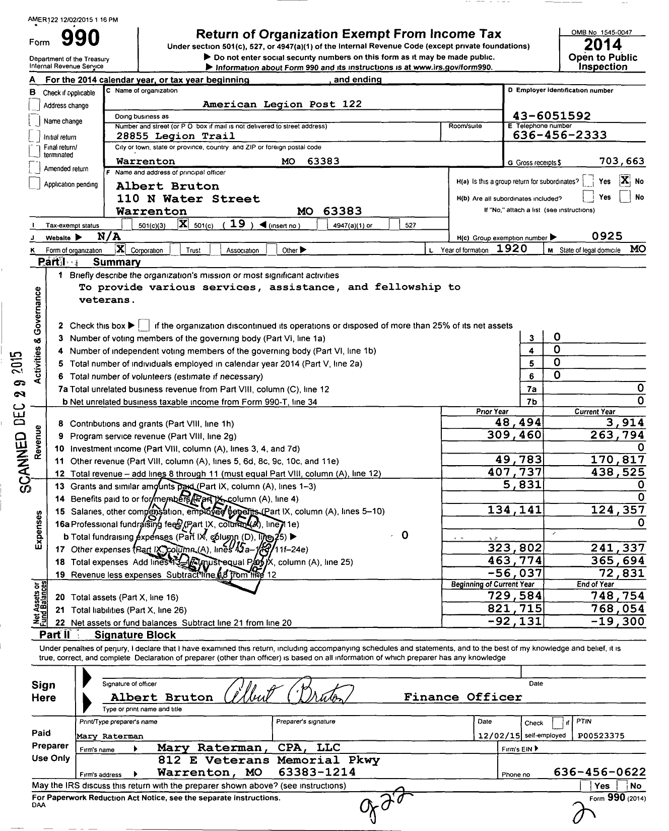 Image of first page of 2014 Form 990O for American Legion Post 122