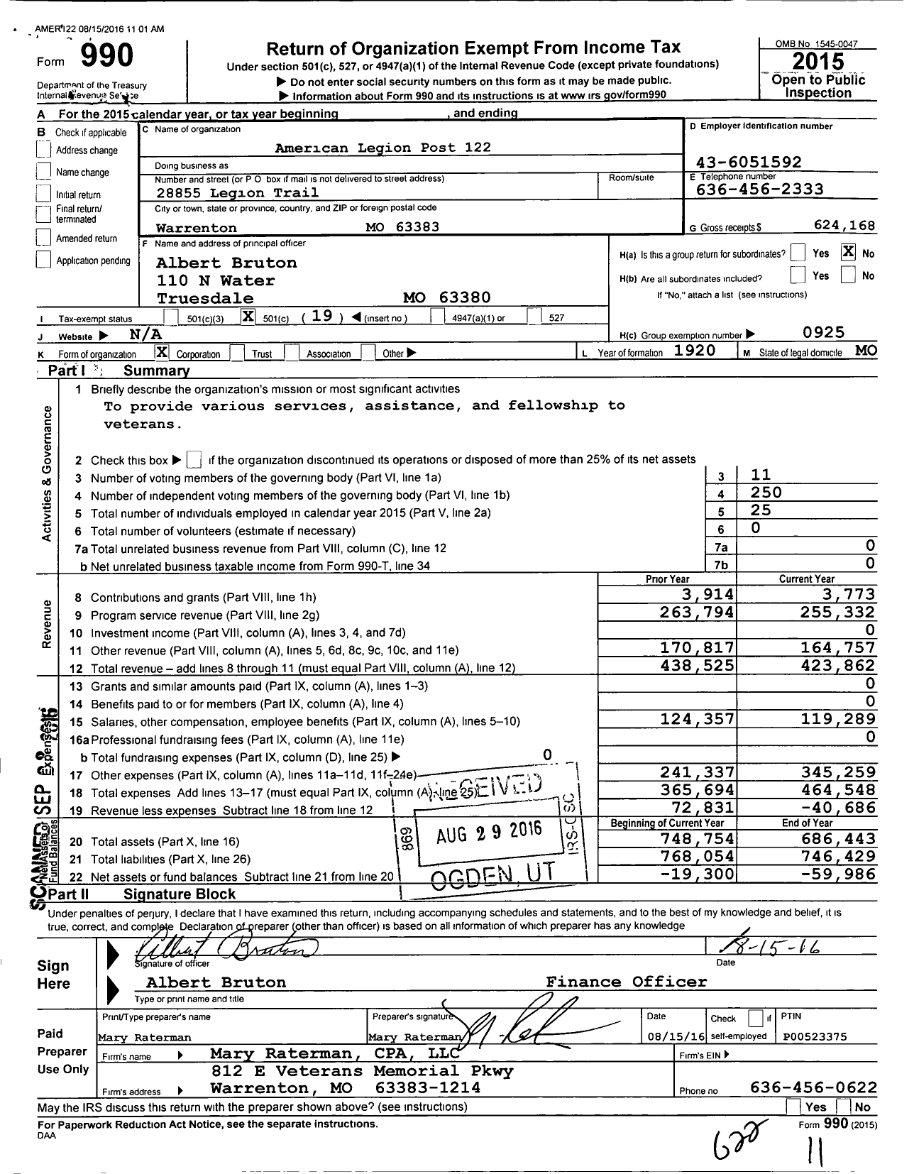 Image of first page of 2015 Form 990O for American Legion Post 122
