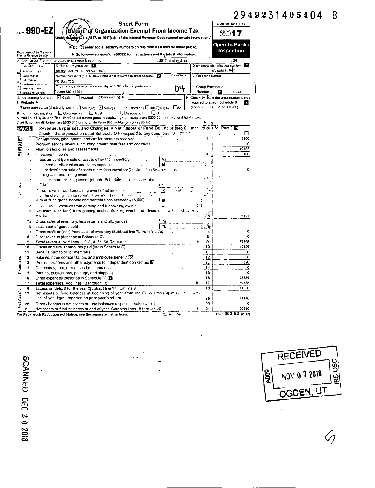 Image of first page of 2017 Form 990EO for Rotary International - Fulton Rotary Club