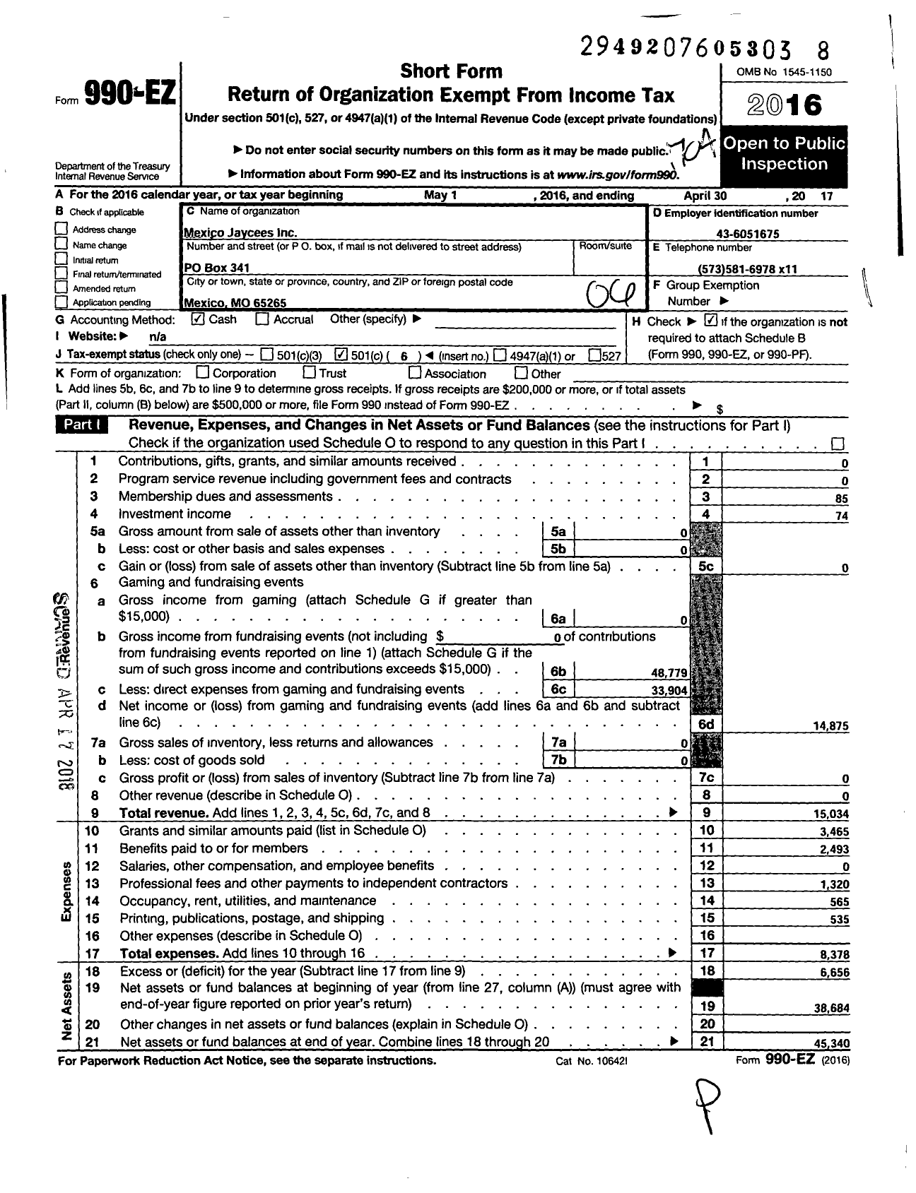 Image of first page of 2016 Form 990EO for Mexico Jaycees