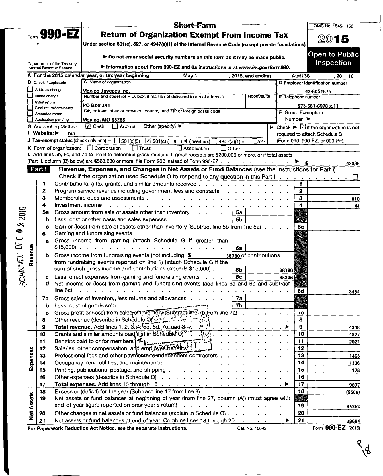 Image of first page of 2015 Form 990EO for Mexico Jaycees