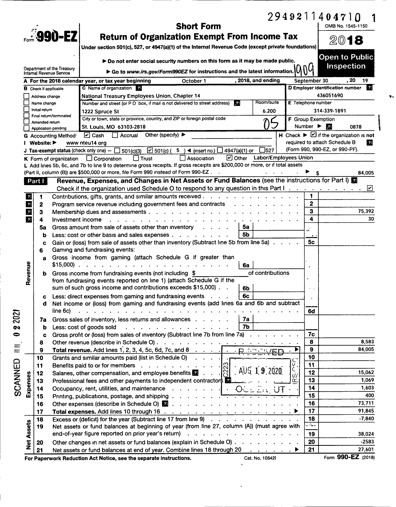 Image of first page of 2018 Form 990EO for NATIONAL TREASURY EMPLOYEES UNION - 14 Chapter