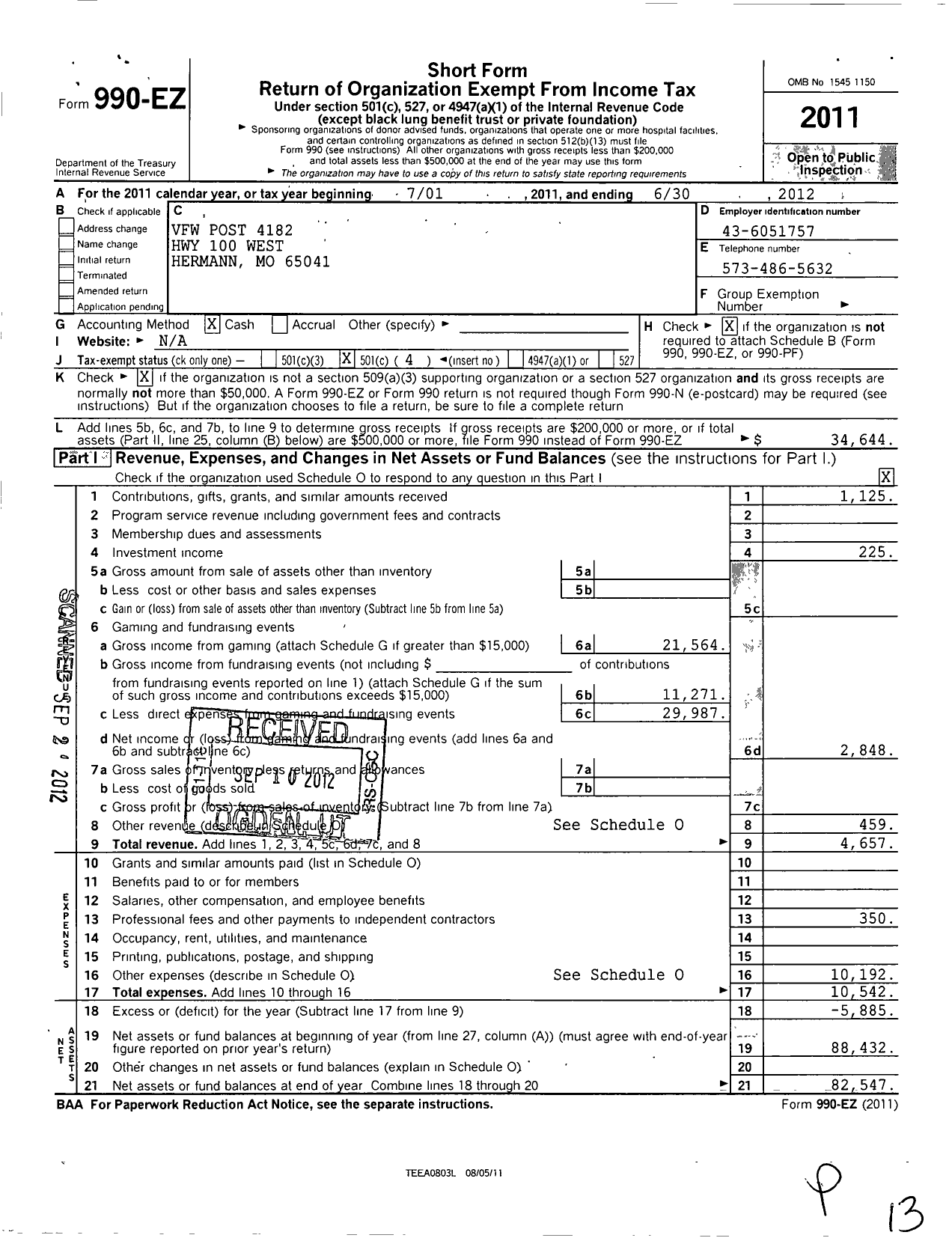 Image of first page of 2011 Form 990EO for VFW Missouri - 4182 VFW Post