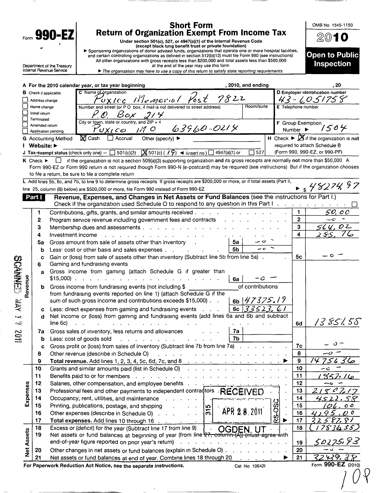 Image of first page of 2010 Form 990EO for VFW Missouri - 7822 VFW Post