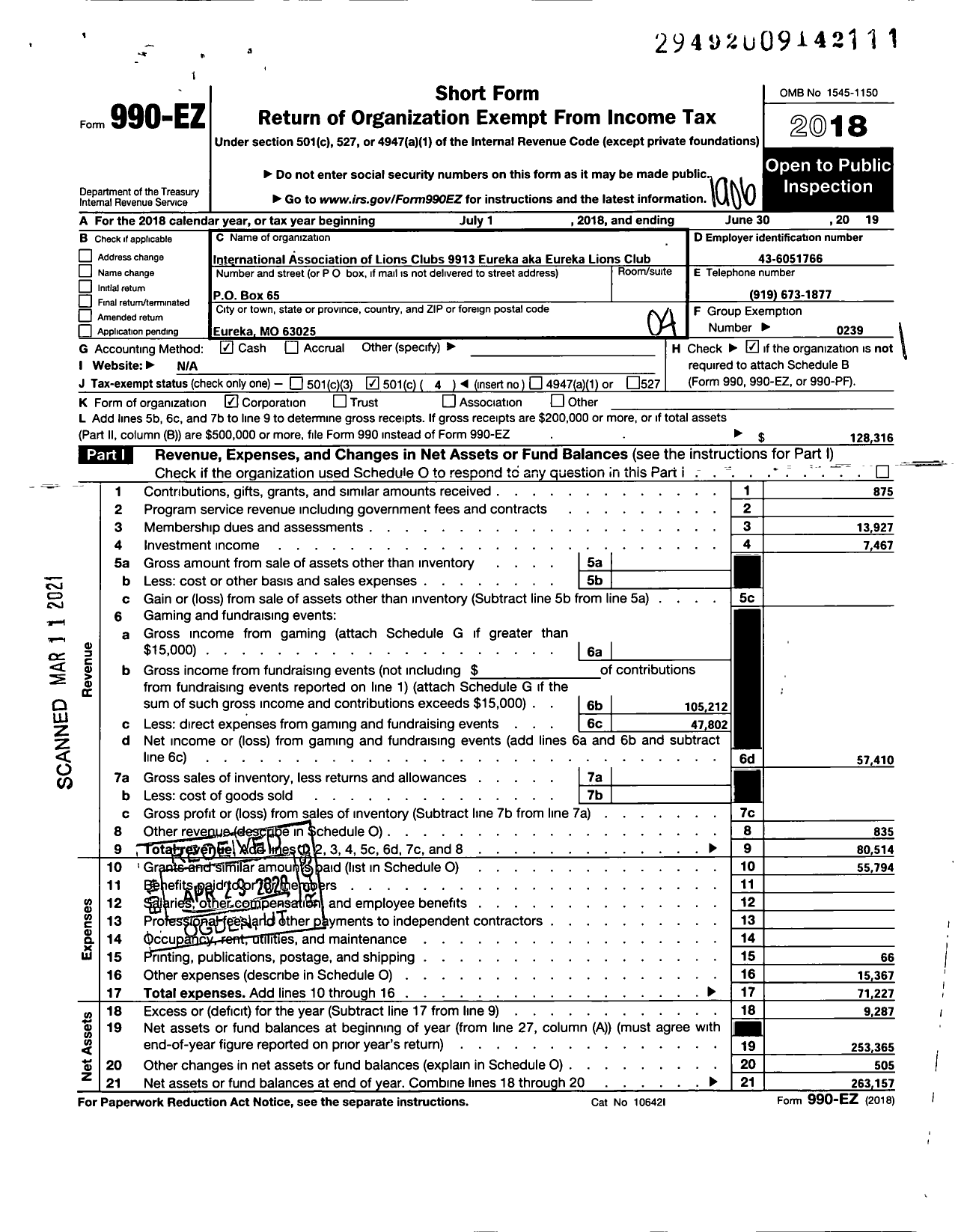 Image of first page of 2018 Form 990EO for Lions Clubs - Eureka Lions Club