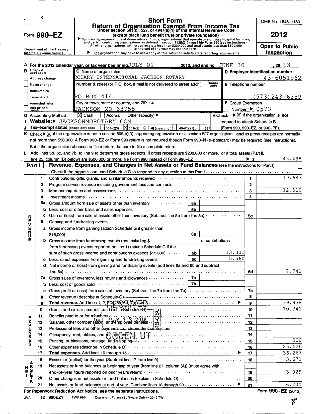 Image of first page of 2012 Form 990EO for Rotary International - Jackson Rotary Club