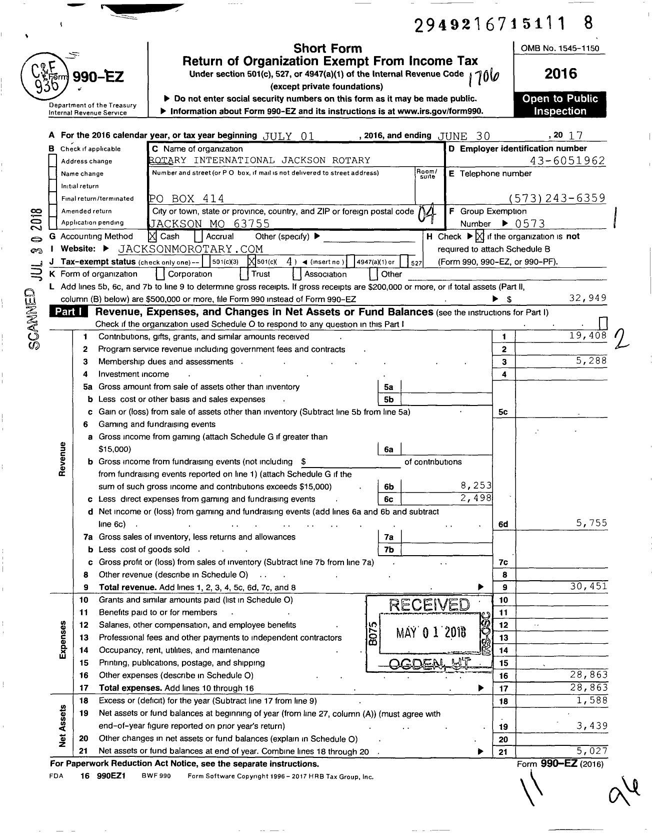 Image of first page of 2016 Form 990EO for Rotary International - Jackson Rotary Club