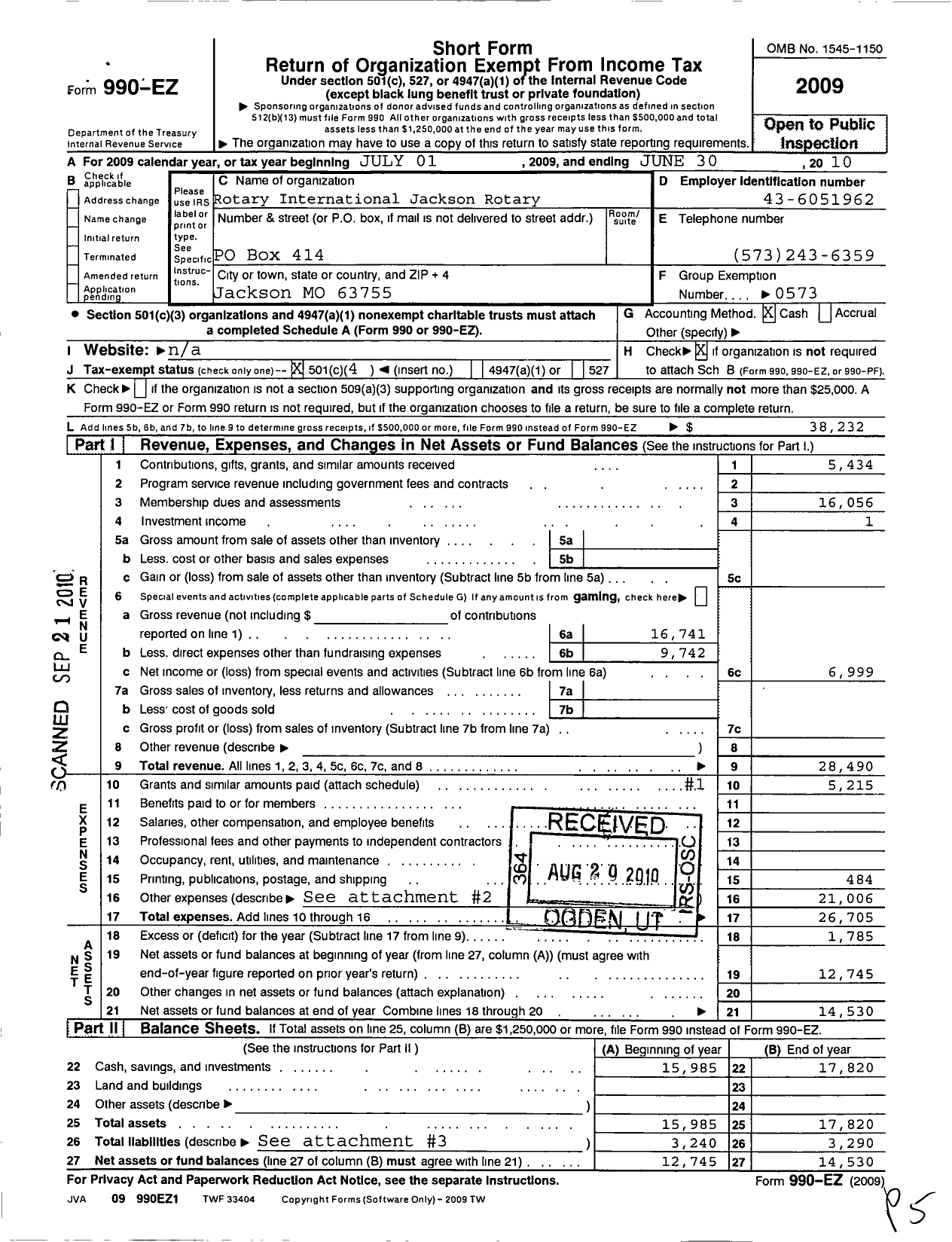 Image of first page of 2009 Form 990EO for Rotary International - Jackson Rotary Club