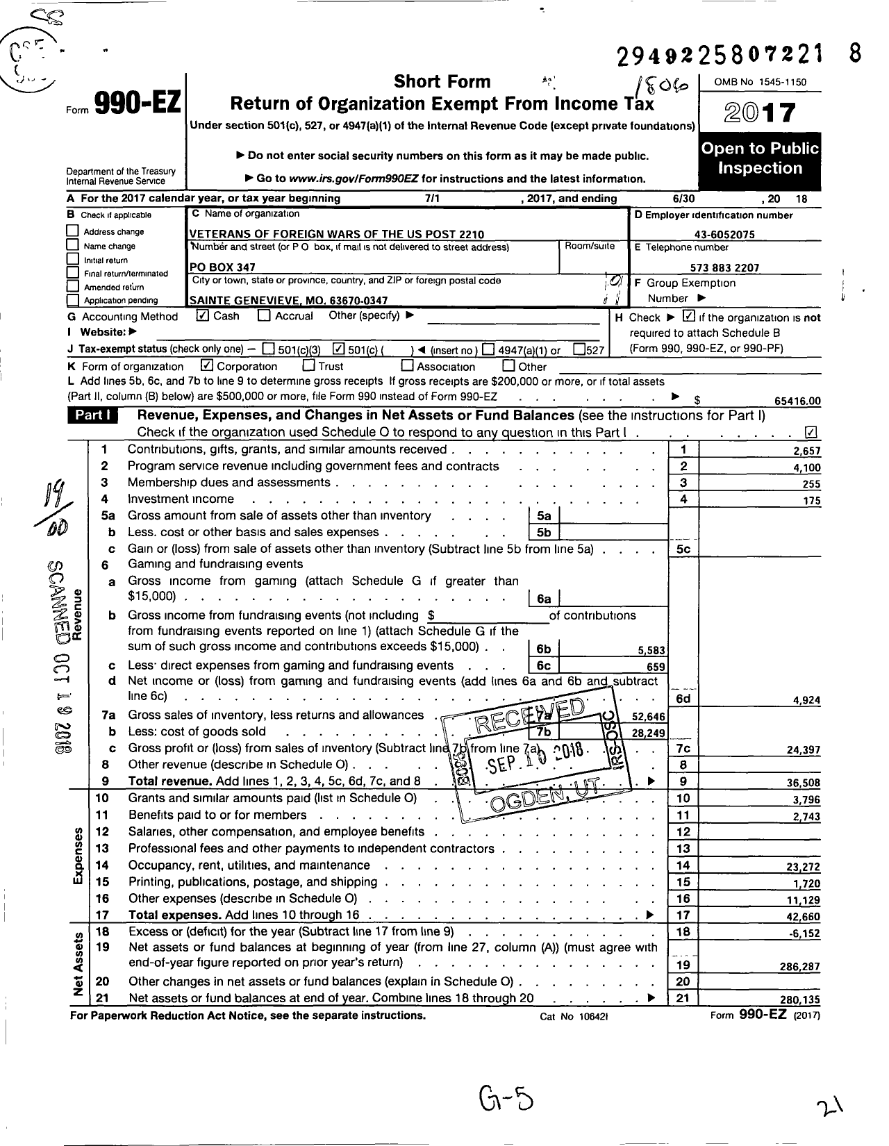 Image of first page of 2017 Form 990EO for VFW Missouri - 2210 VFW Post