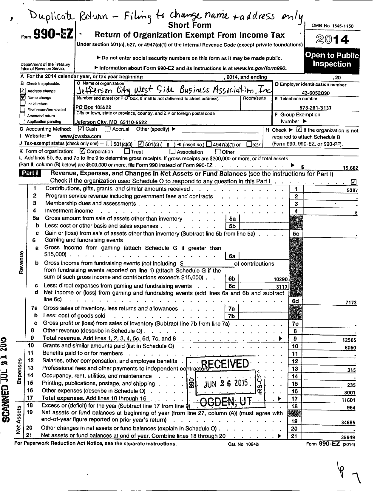 Image of first page of 2014 Form 990EO for Jefferson City West Side Business Association