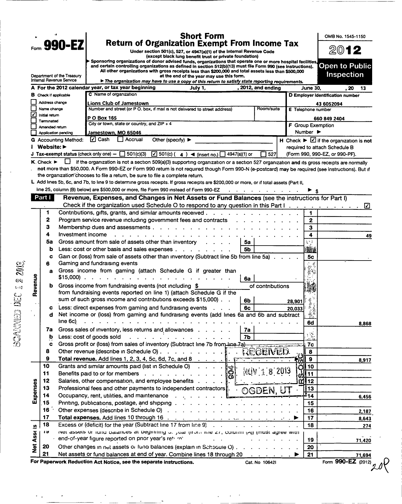 Image of first page of 2012 Form 990EO for Lions Clubs - 9940 Jamestown