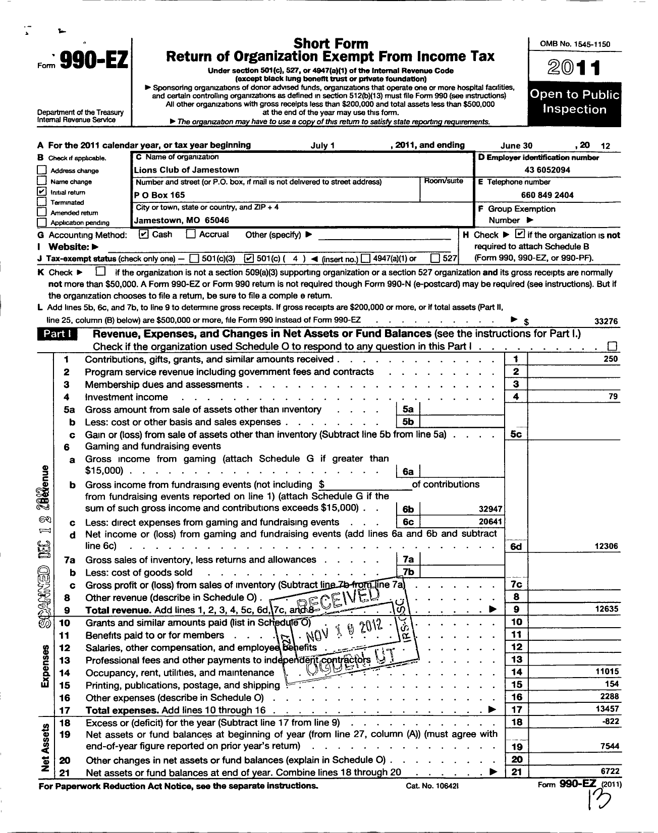 Image of first page of 2011 Form 990EO for Lions Clubs - 9940 Jamestown