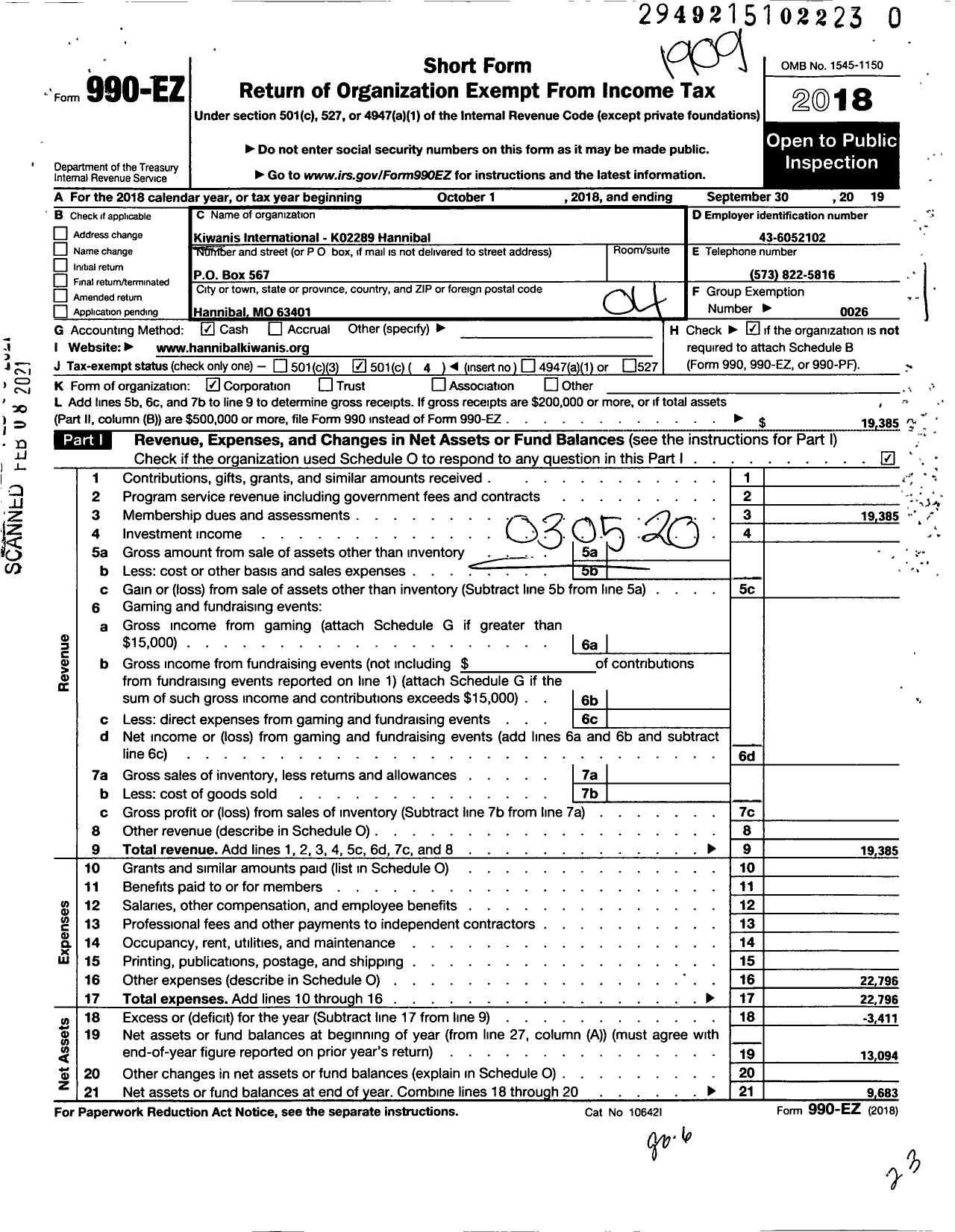 Image of first page of 2018 Form 990EO for Kiwanis International - K02289 Hannibal