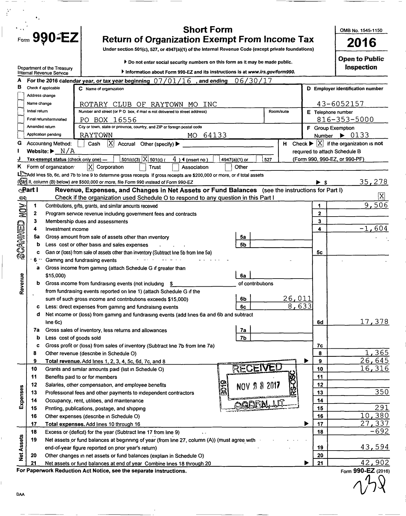 Image of first page of 2016 Form 990EO for Rotary International - Raytown Rotary Club