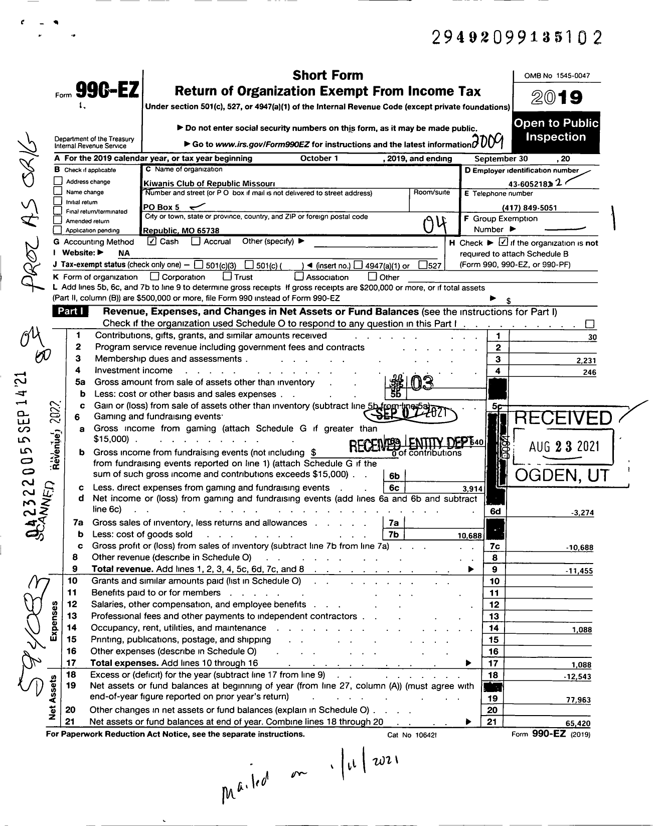 Image of first page of 2019 Form 990EO for Kiwanis Club of Republic Missouri