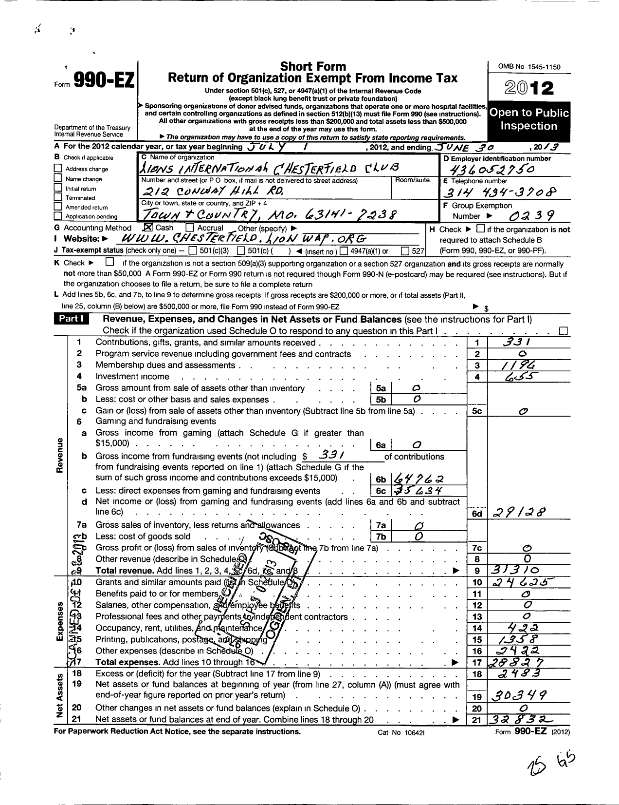 Image of first page of 2012 Form 990EO for Lions Clubs - 9857 Chesterfield