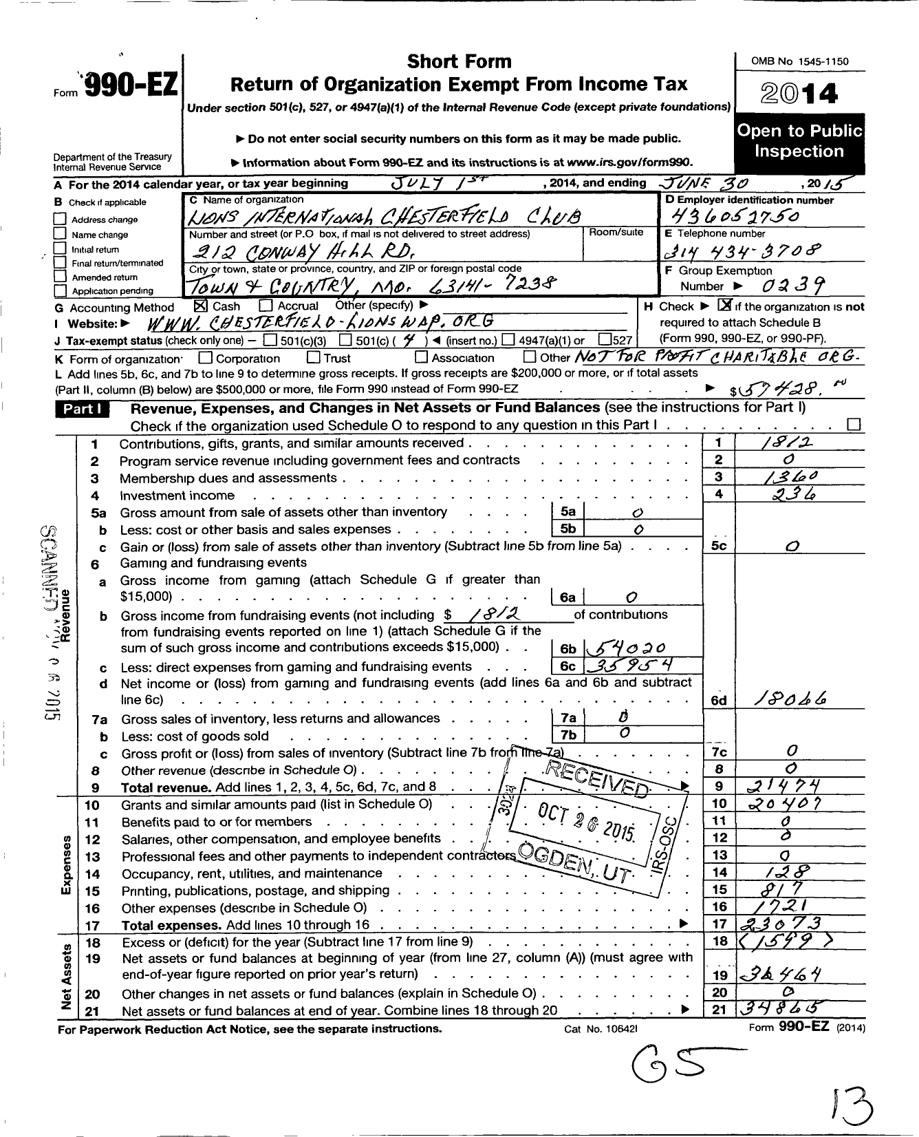 Image of first page of 2014 Form 990EO for Lions Clubs - 9857 Chesterfield