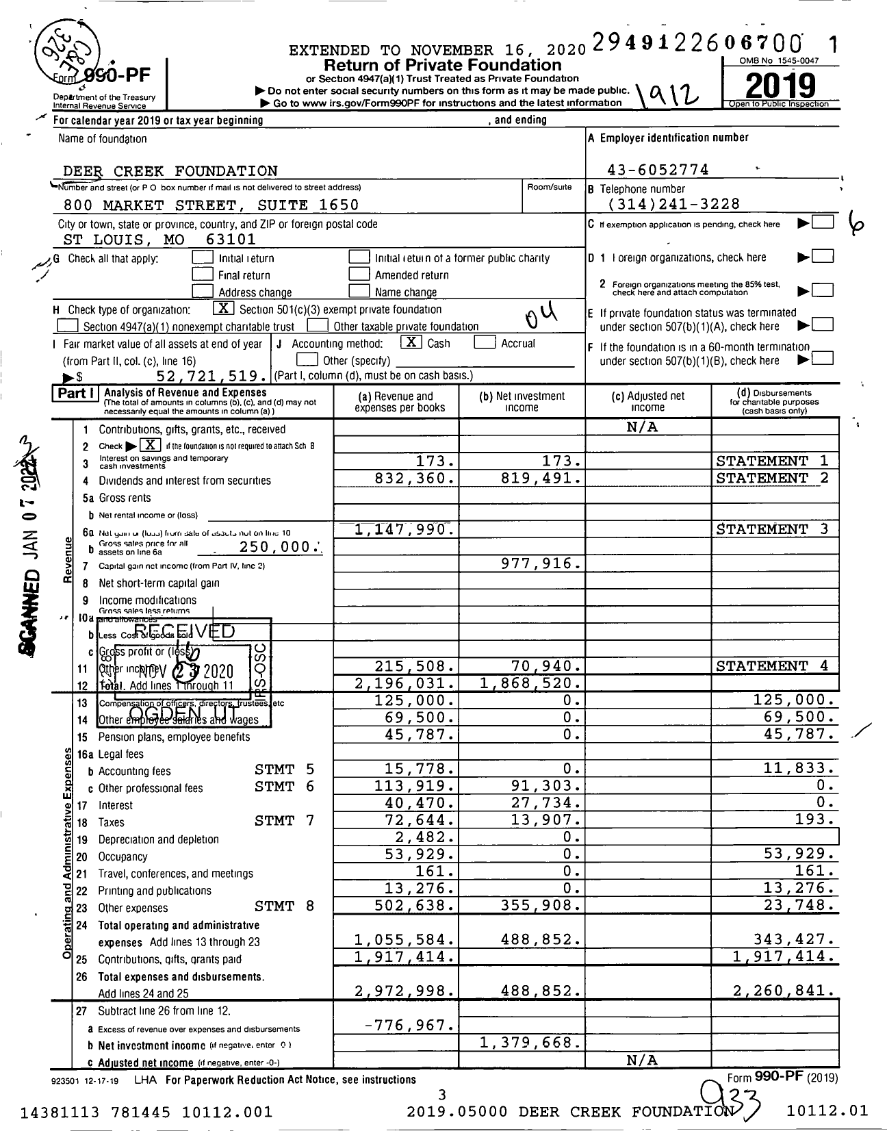 Image of first page of 2019 Form 990PF for Deer Creek Foundation