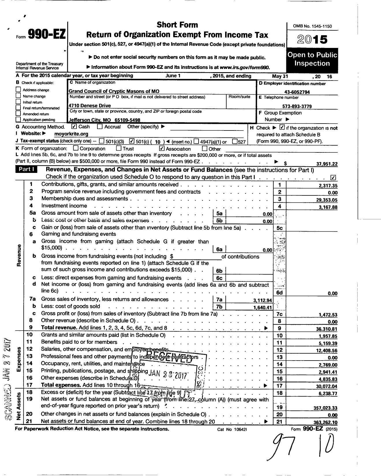 Image of first page of 2015 Form 990EO for Grand Council Or Cryptic Masons of Mo