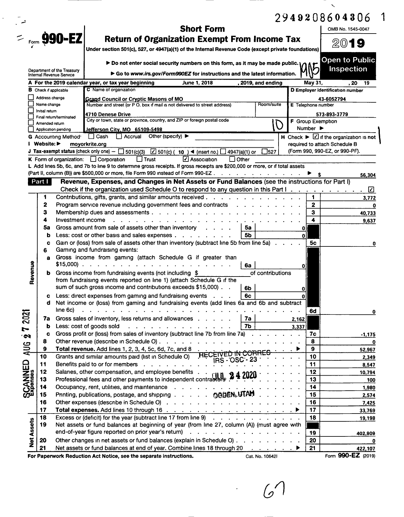 Image of first page of 2018 Form 990EO for Grand Council Or Cryptic Masons of Mo