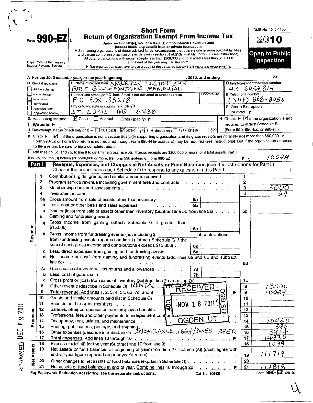 Image of first page of 2010 Form 990EO for American Legion - 335 Fort Bellefontaine Memorial