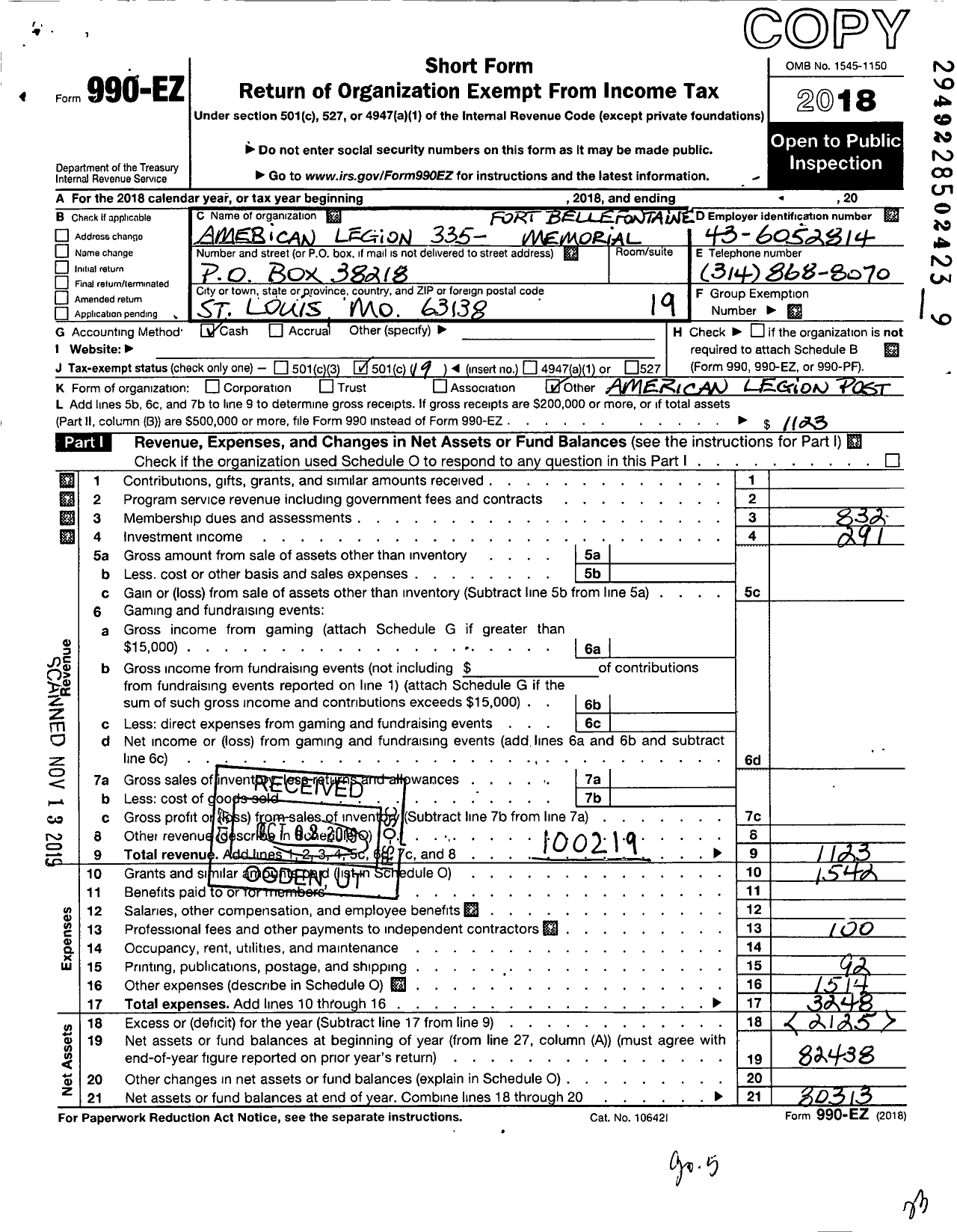 Image of first page of 2018 Form 990EO for American Legion - 335 Fort Bellefontaine Memorial