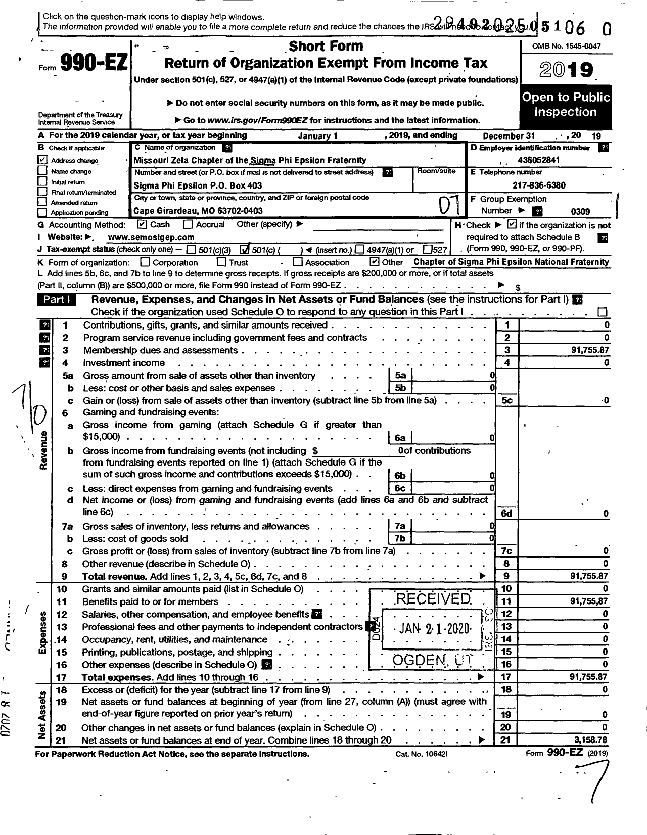 Image of first page of 2019 Form 990EO for Sigma Phi Epsilon Fraternity / Mo Zeta