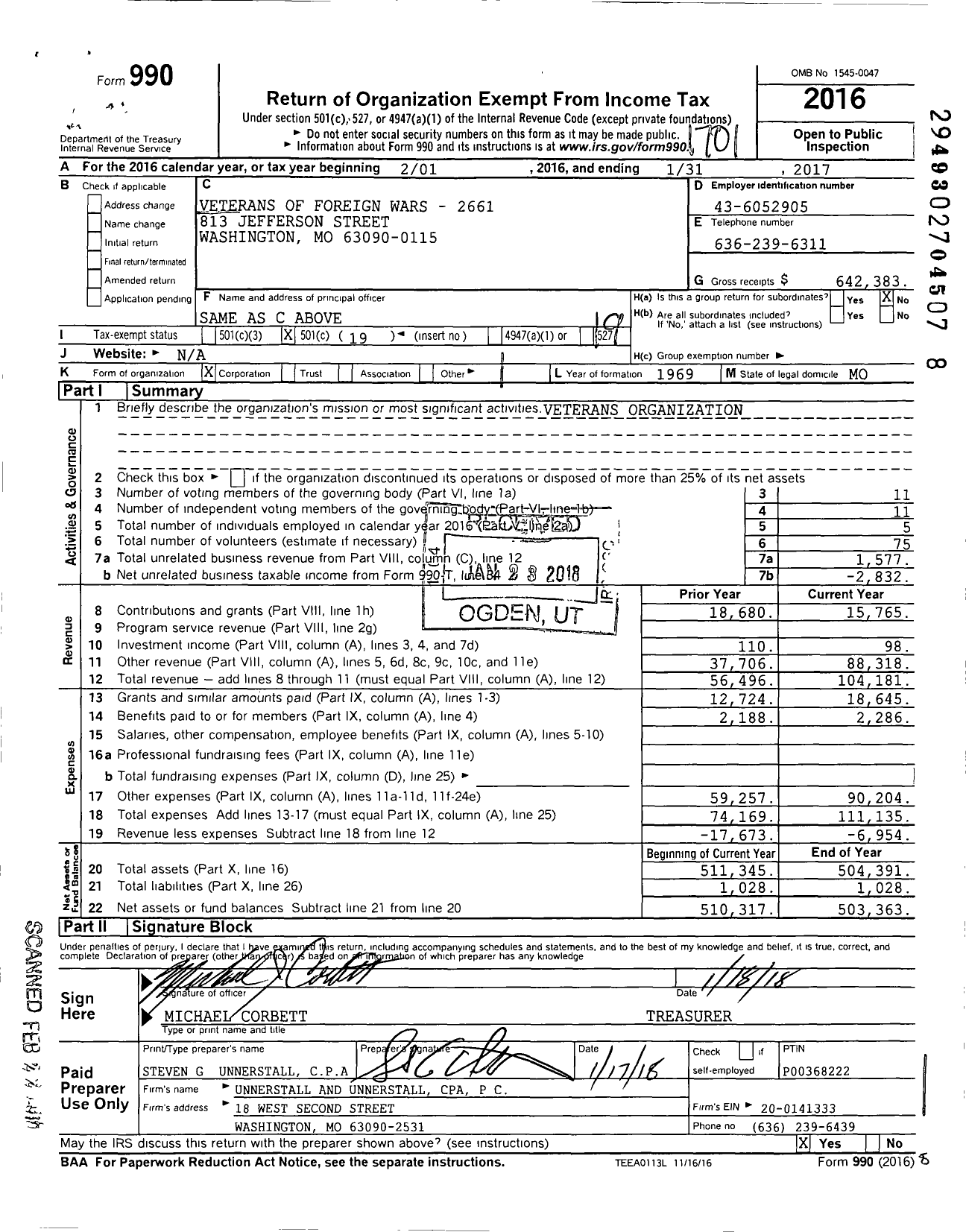 Image of first page of 2016 Form 990O for VFW Missouri - 2661 VFW Post