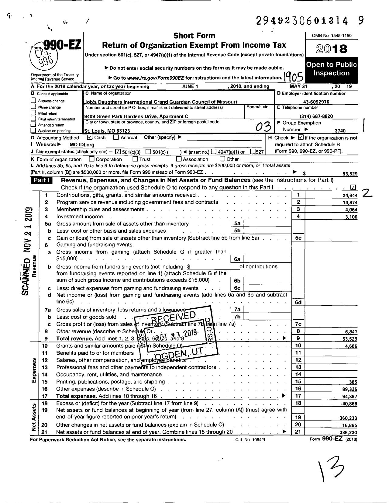 Image of first page of 2018 Form 990EZ for Job's Daughters International Grand Guardian Council of Missouri