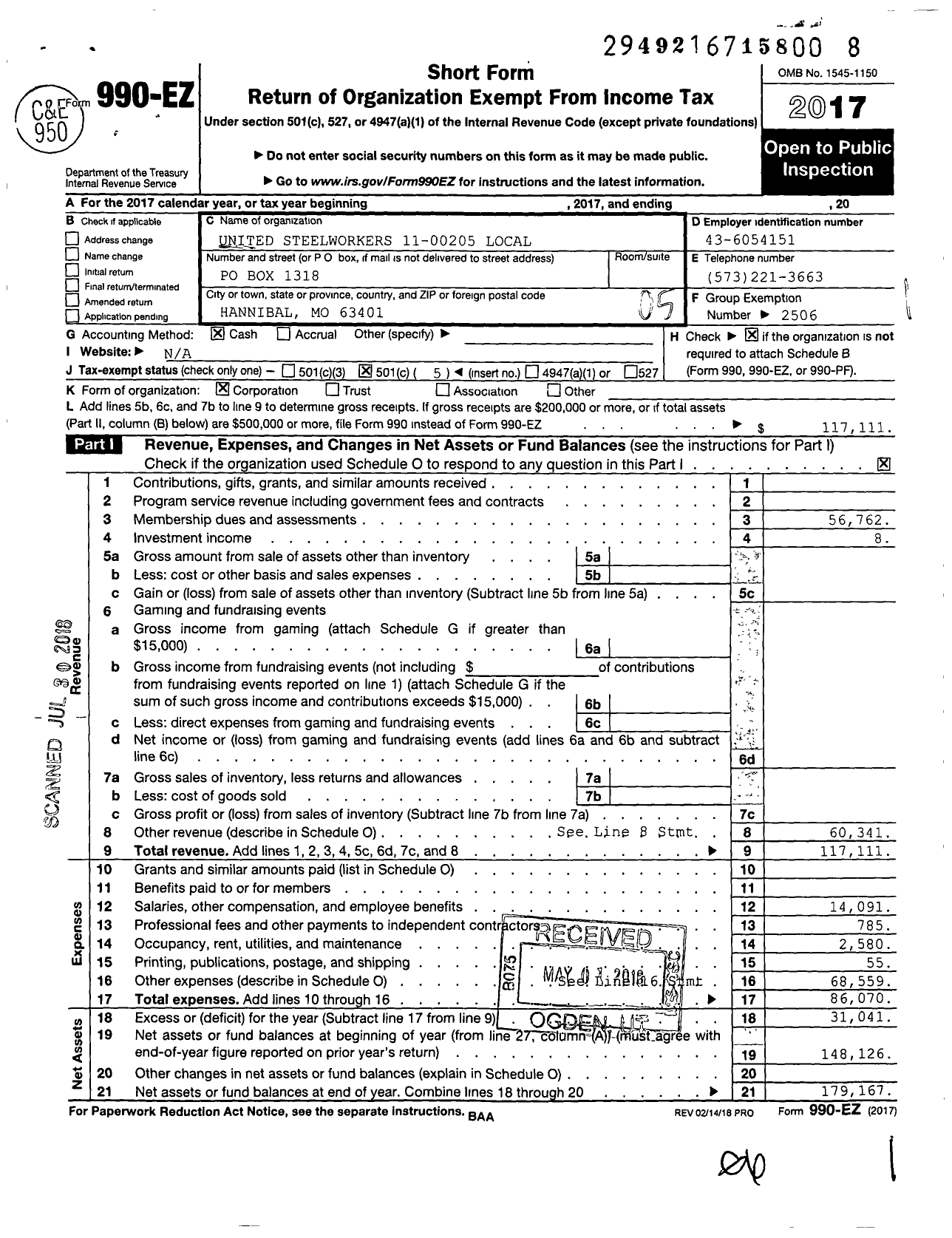 Image of first page of 2017 Form 990EO for United Steelworkers 11-00205 Local