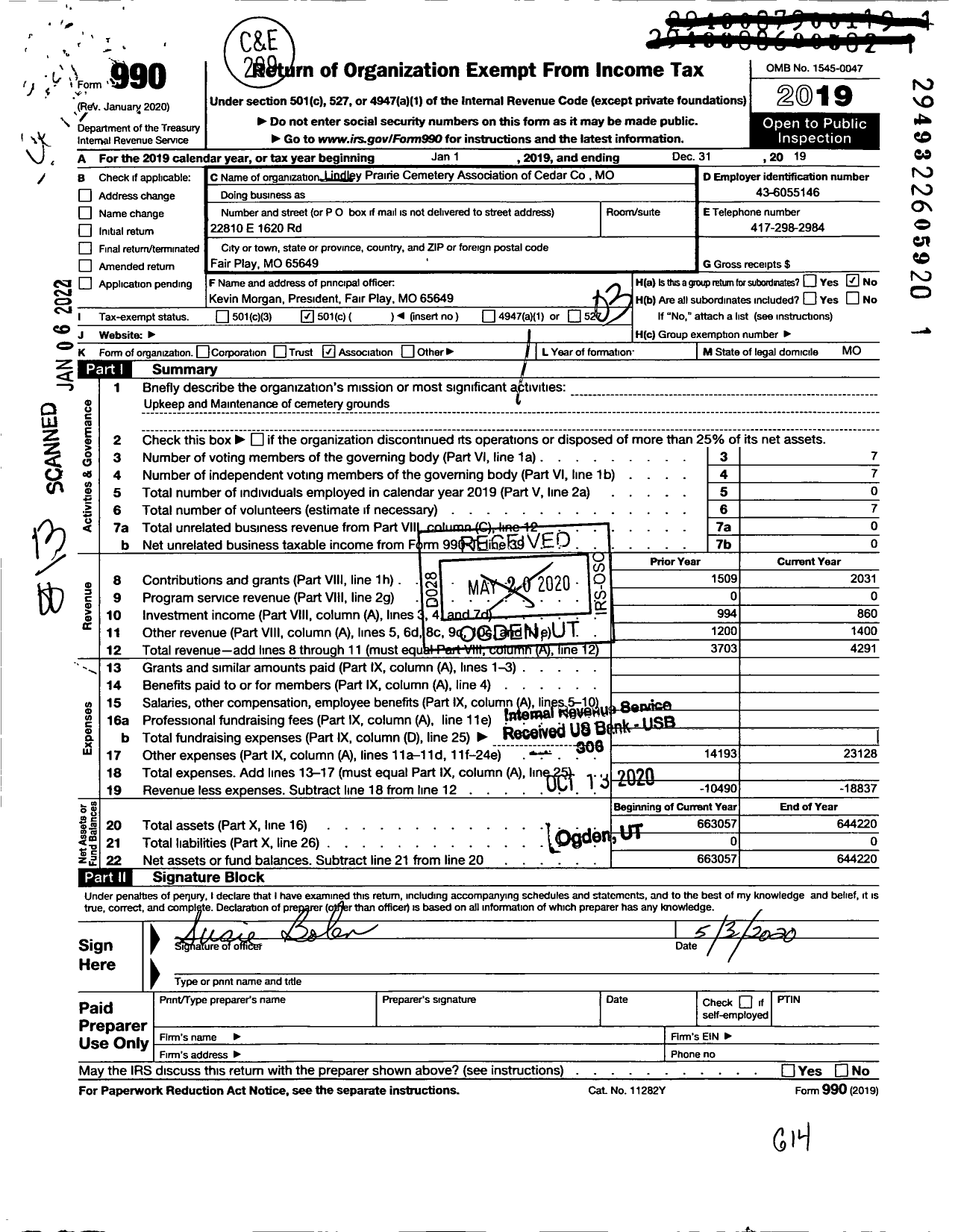 Image of first page of 2019 Form 990O for Lindley Prairie Cementary Assoc