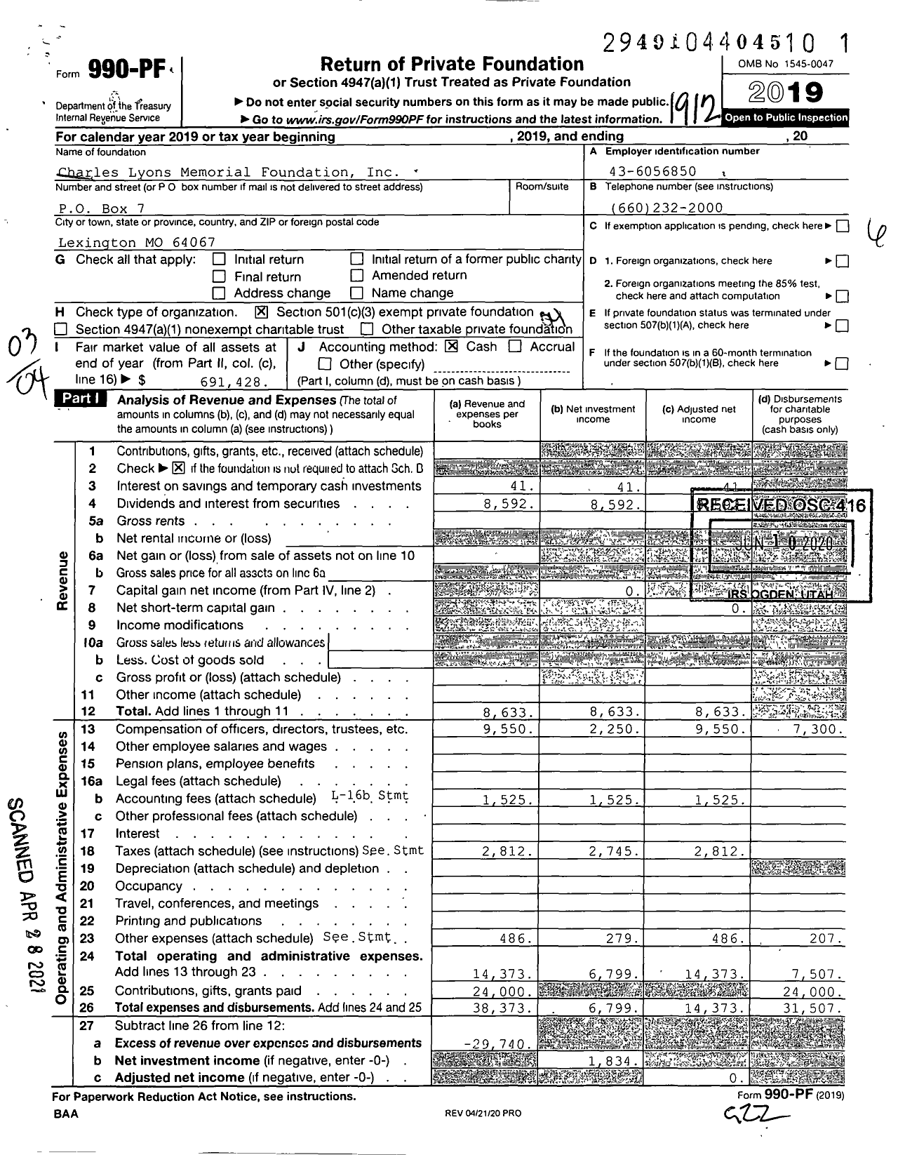 Image of first page of 2019 Form 990PF for Charles Lyons Memorial Foundation