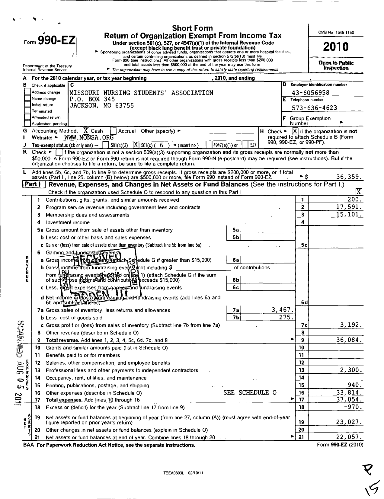 Image of first page of 2010 Form 990EO for Missouri Nursing Student Association (MONSA)