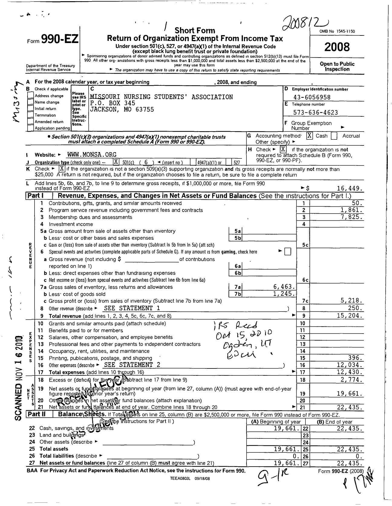 Image of first page of 2008 Form 990EO for Missouri Nursing Student Association (MONSA)