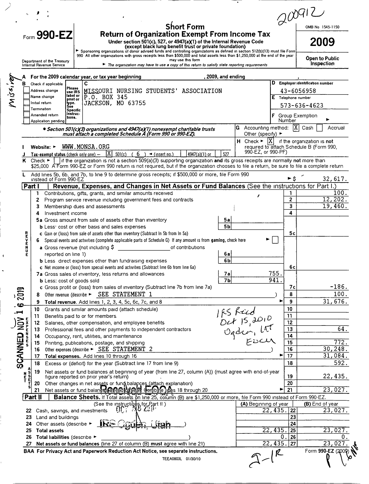 Image of first page of 2009 Form 990EO for Missouri Nursing Student Association (MONSA)