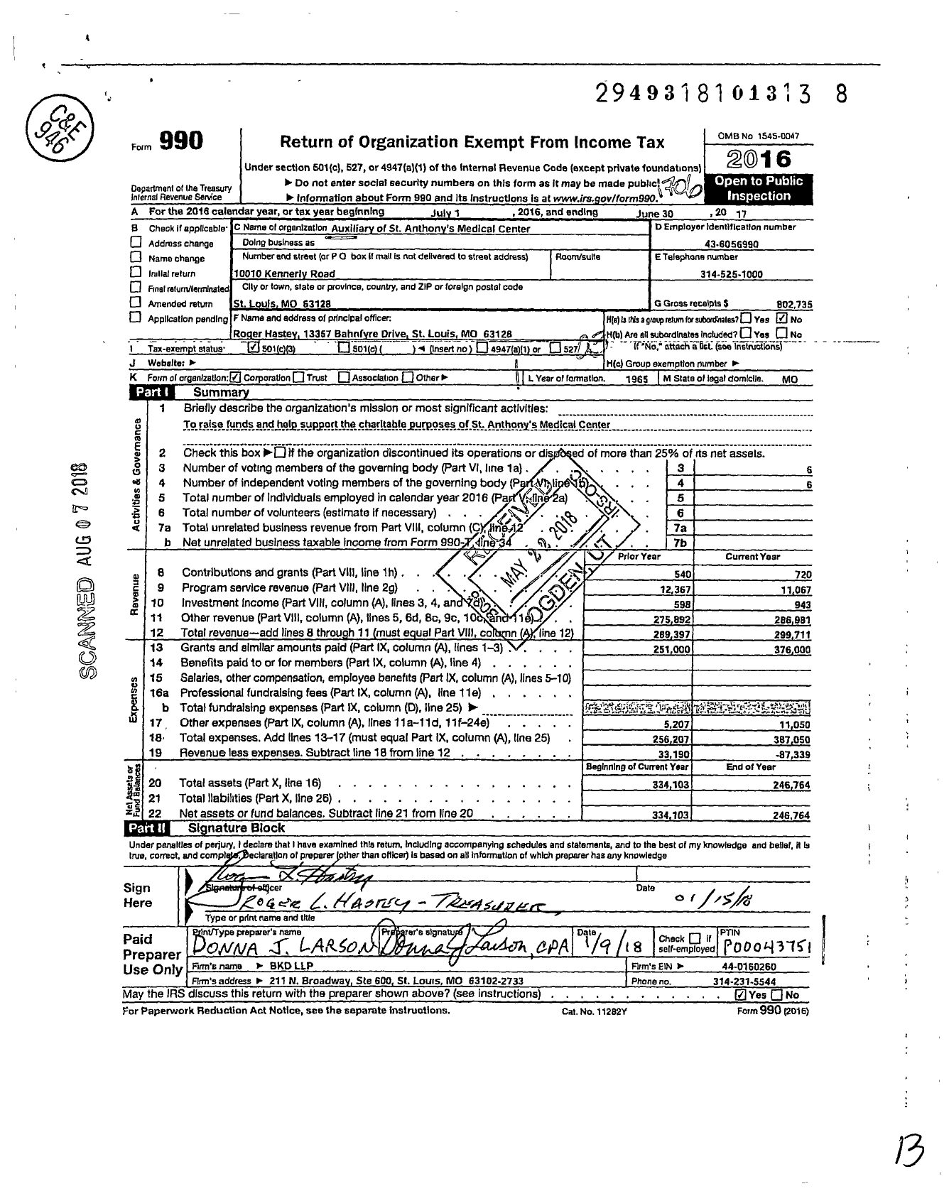 Image of first page of 2016 Form 990 for Auxiliary of St Anthonys Medical Center