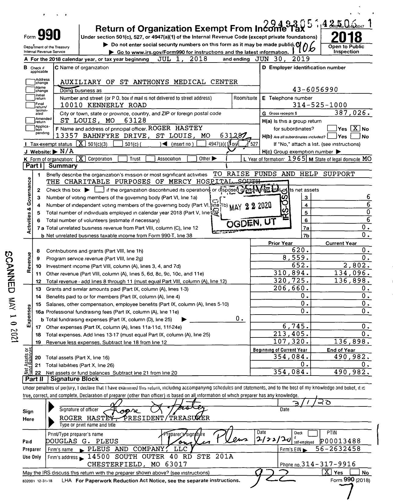 Image of first page of 2018 Form 990 for Auxiliary of St Anthonys Medical Center