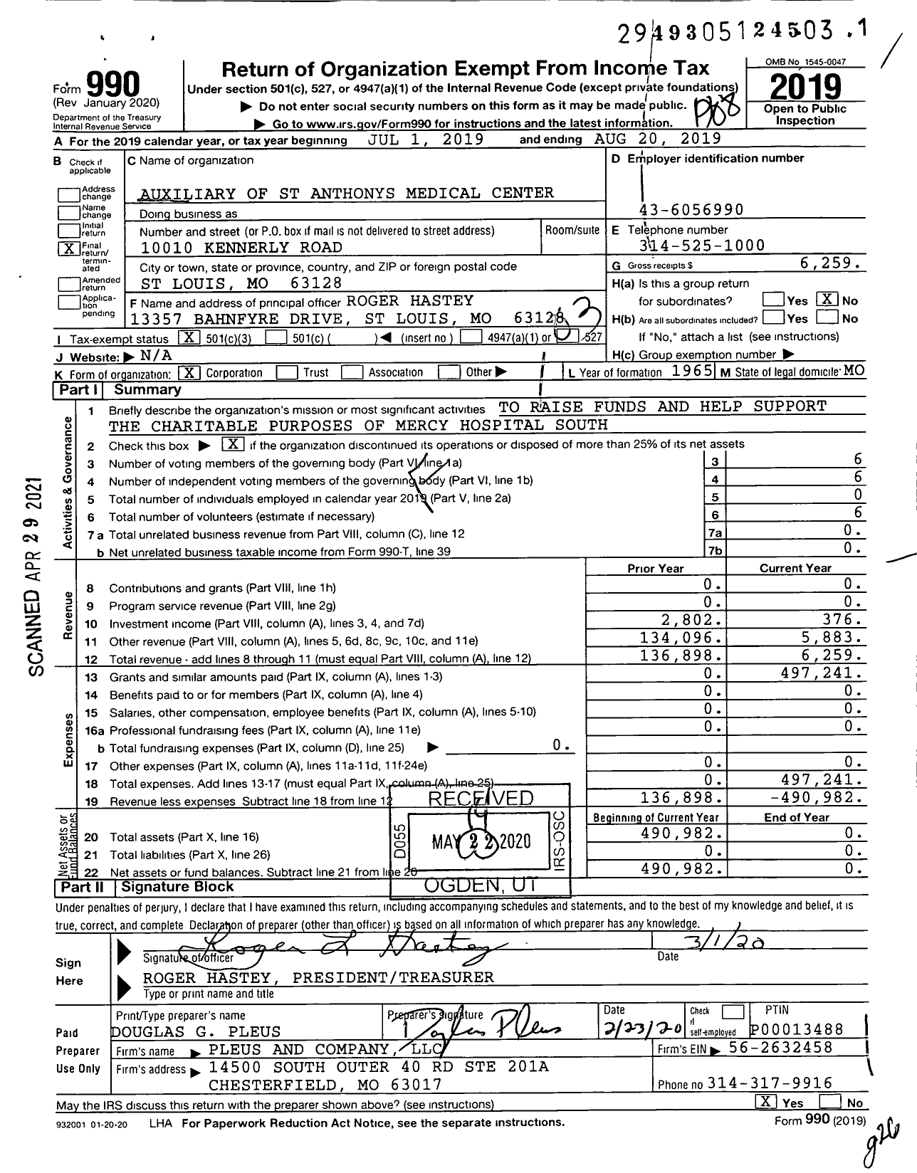 Image of first page of 2018 Form 990 for Auxiliary of St Anthonys Medical Center