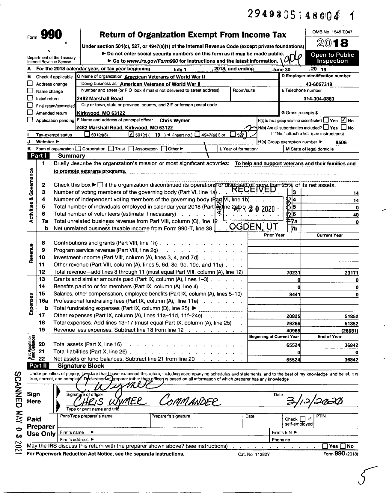 Image of first page of 2018 Form 990 for Amvets - 0001 Mo