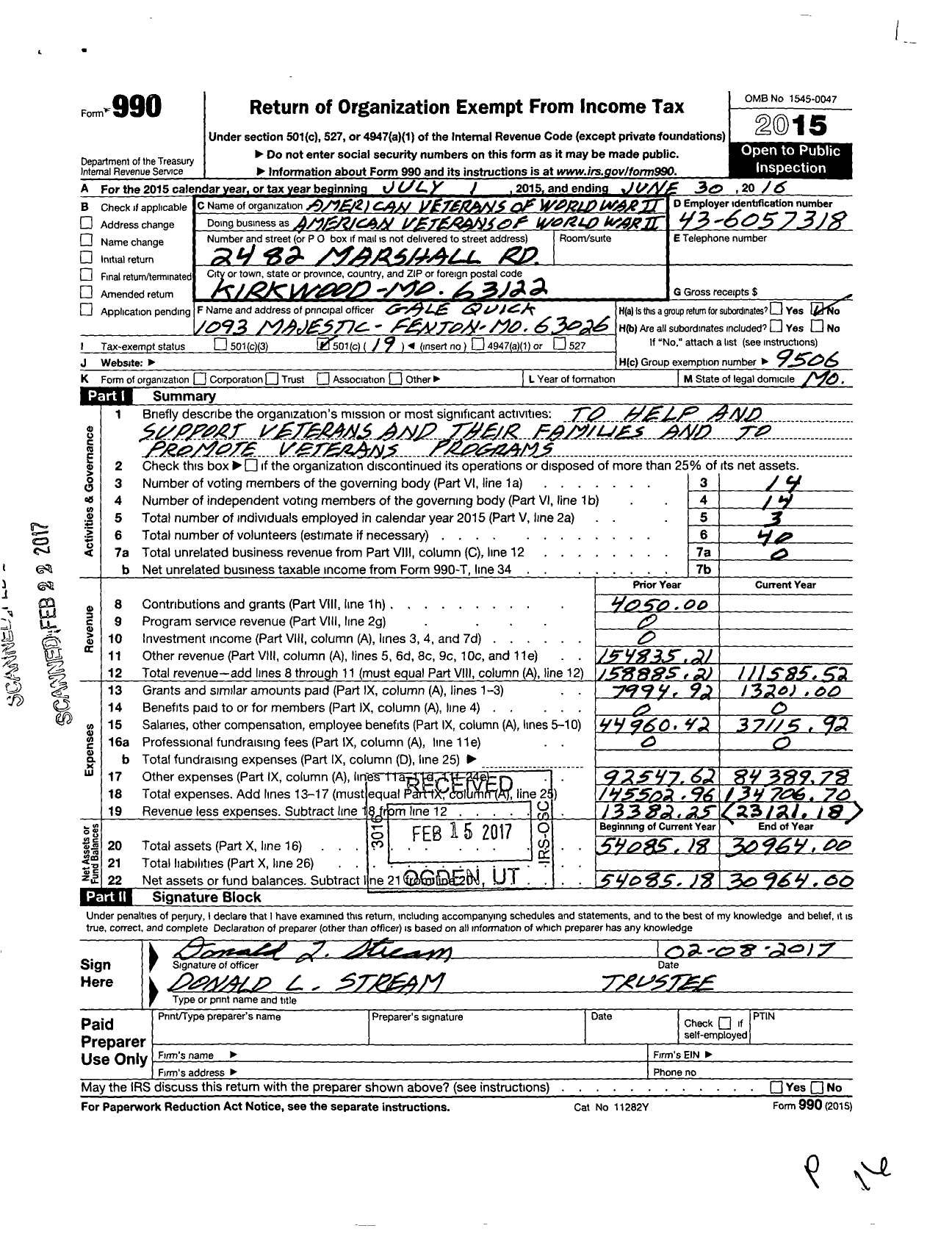 Image of first page of 2015 Form 990O for Amvets - 0001 Mo